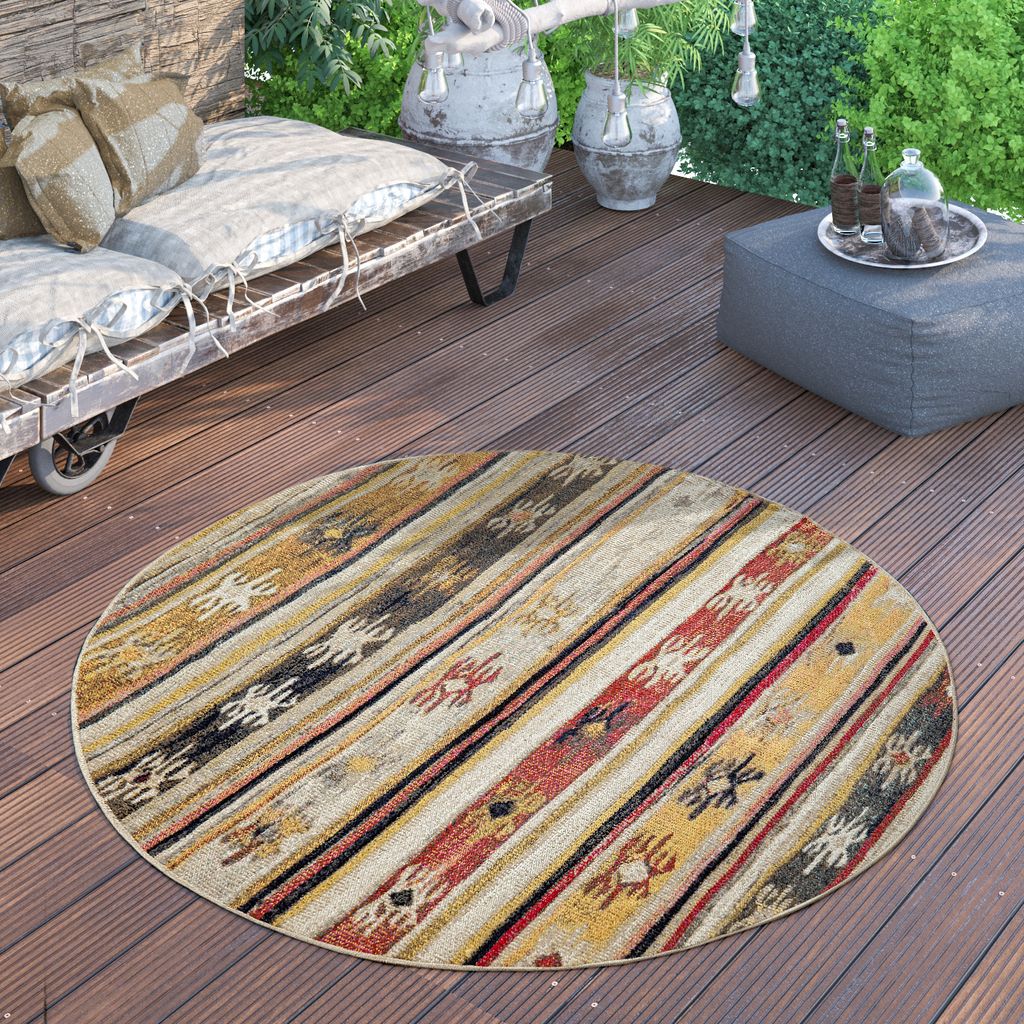 Outdoor Teppich Rund Wetterfest Balkon Terrasse Küchenteppich Modern Vintage Pastell Grösse 160 cm Rund
