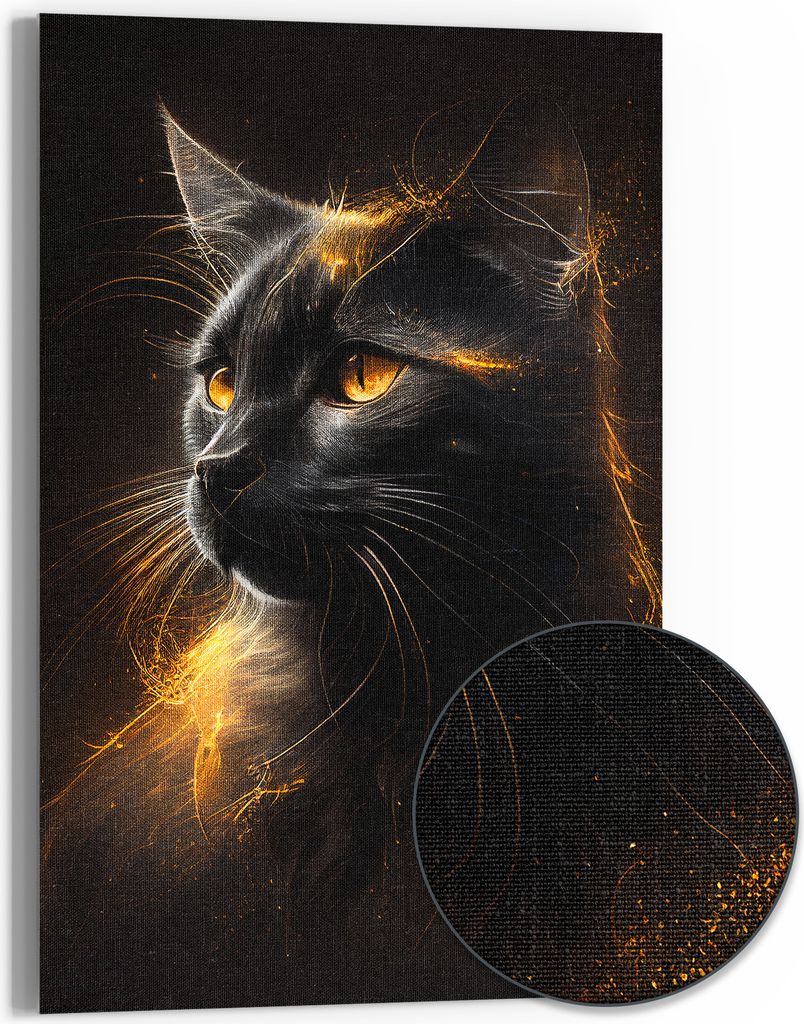DEQORI Hybrid Leinwand Bild 60x90 cm 'Goldener Katzenglanz' Wandbild Glas flach modern