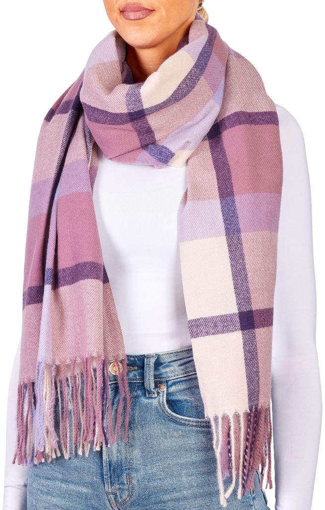 BRUBAKER Cashmirillo Schal für Damen und Herren - 70 x 200 cm - Warm und Kuschelig - Wollschal für Herbst und Winter, Lila und Rosa Kariert