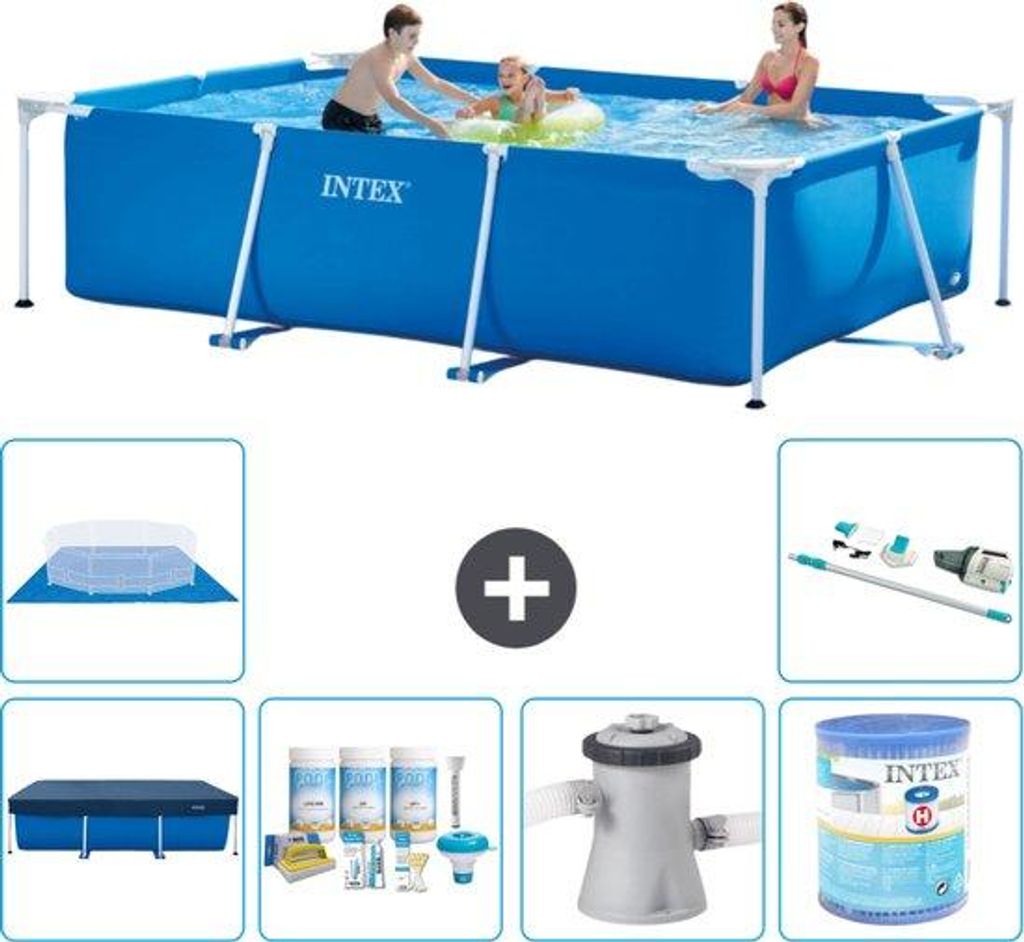 Rechteckiges Schwimmbecken - 300 x 200 x 75 cm - Blauw - Mit Abdeckvorhang - Inklusive Wartungspaket - Schwimmbeckenpumpe - Filter - Bodenabdeckung...