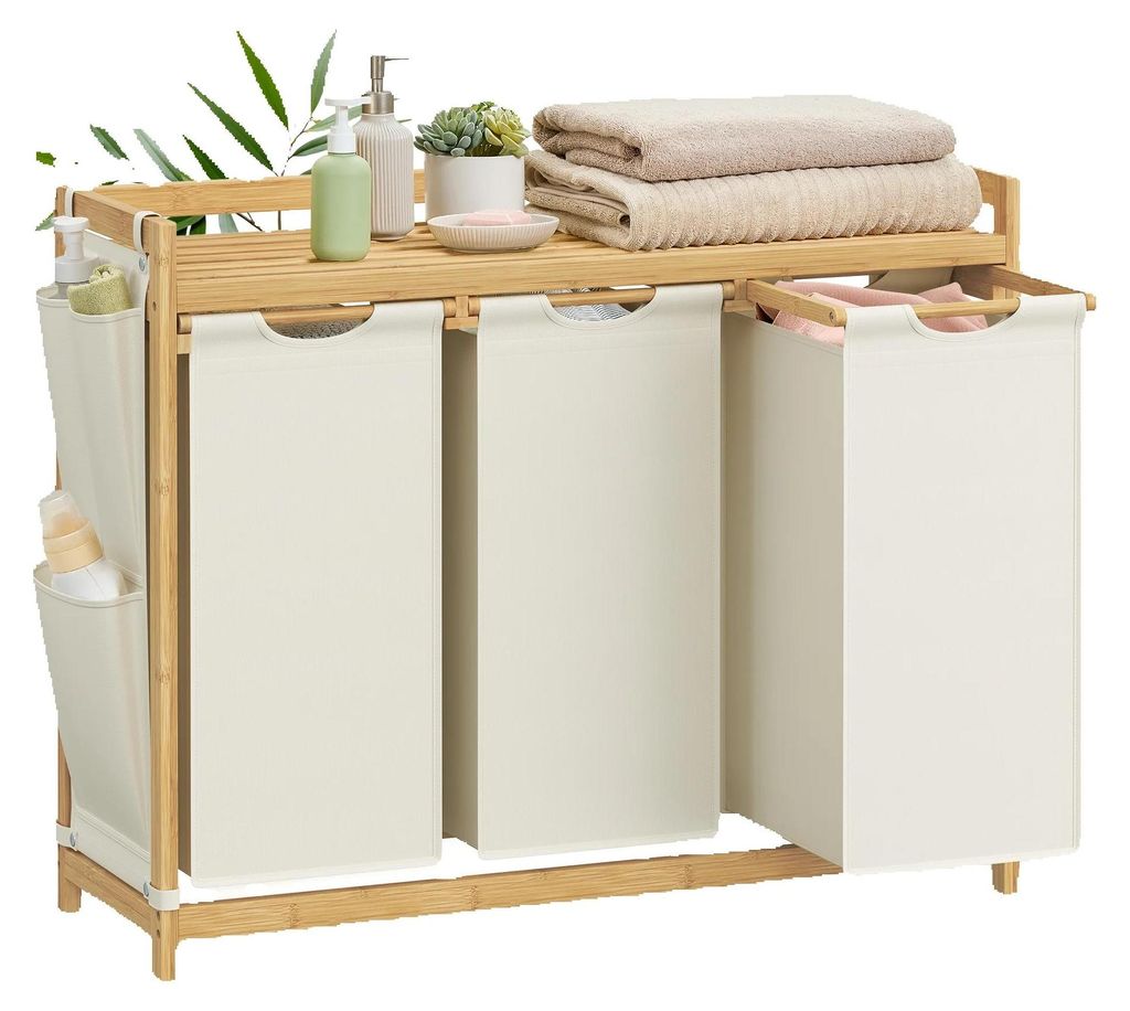 Wäschesammler - 3-Fach Wäschesortierer - Bambus - 150 L - 94×33×78 cm - Herausziehbares Design - Vielseitig - Weiß