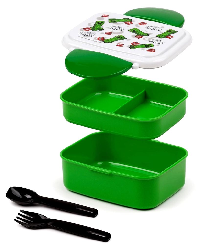 Puckator Minecraft Creeper & TNT Clip-Verschluss Stapelbare Bento Lunch Box mit Besteck