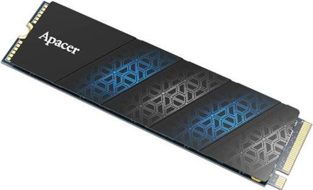 A black M.2 NVMe SSD with blue and gray geometric patterns.