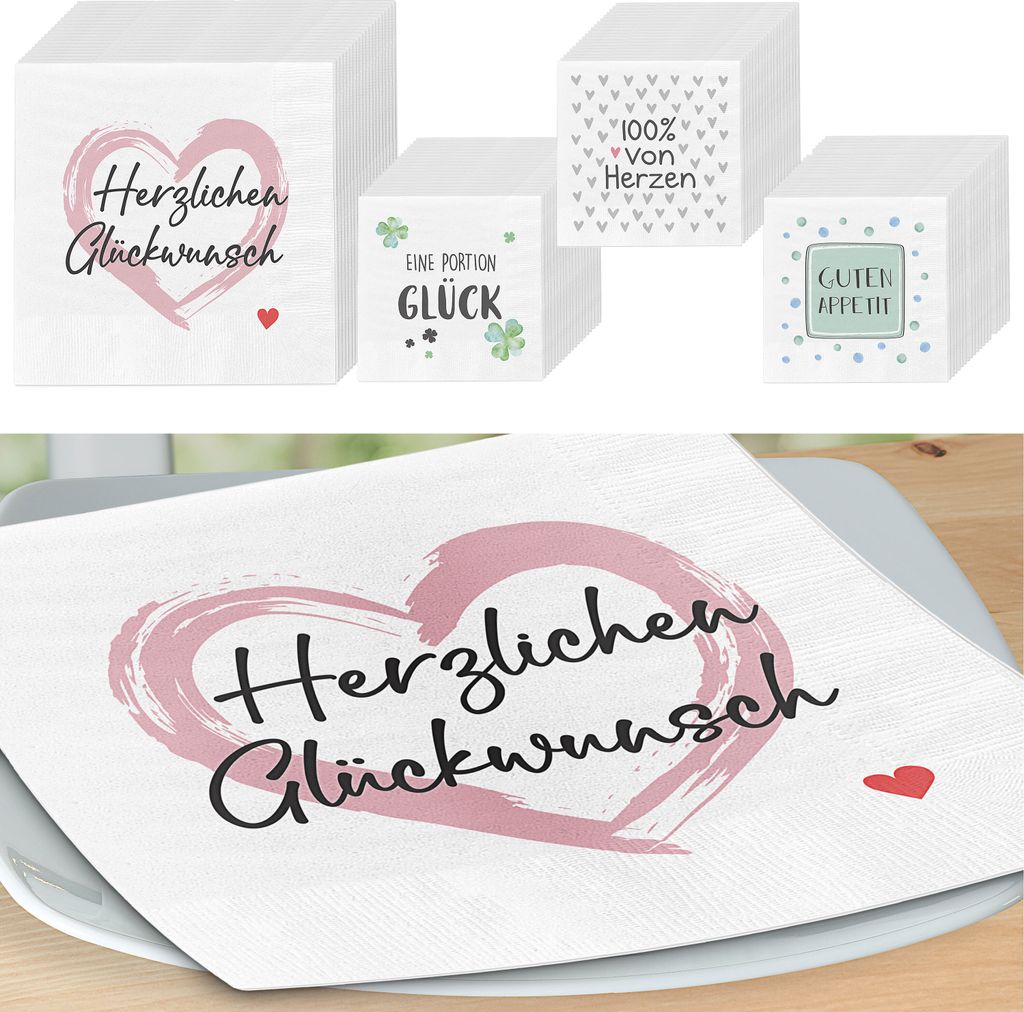 Servietten 'Sprüche' 4 Motive 80er Set 33x33cm 3-lagig Papierserviette stoffähnlich Tuch Herzenssprüche Tischdeko