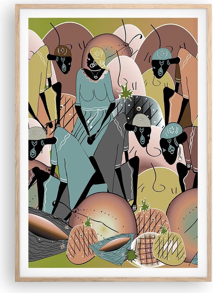 Gerahmtes Poster - Rahmen in heller Eiche - Afrikanisch Grafik Frauen - 70x100 cm - Wand Bild - Wanddeko - Wandbilder - Kunstposter - Wandposter - ...