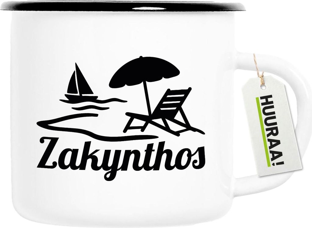 Huuraa Emaille Tasse Zakynthos Inselmotiv Griechenland 300ml Vintage Campingbecher Geschenkidee