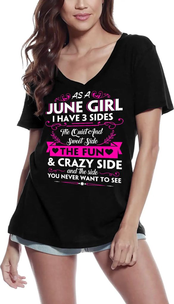 Damen Grafik T-Shirt V-Ausschnitt Juni Mädchen Geburtstag Shirt für Mädchen – June Girl Birthday Shirt For Girls – Öko-Verantwortlich Vinta...
