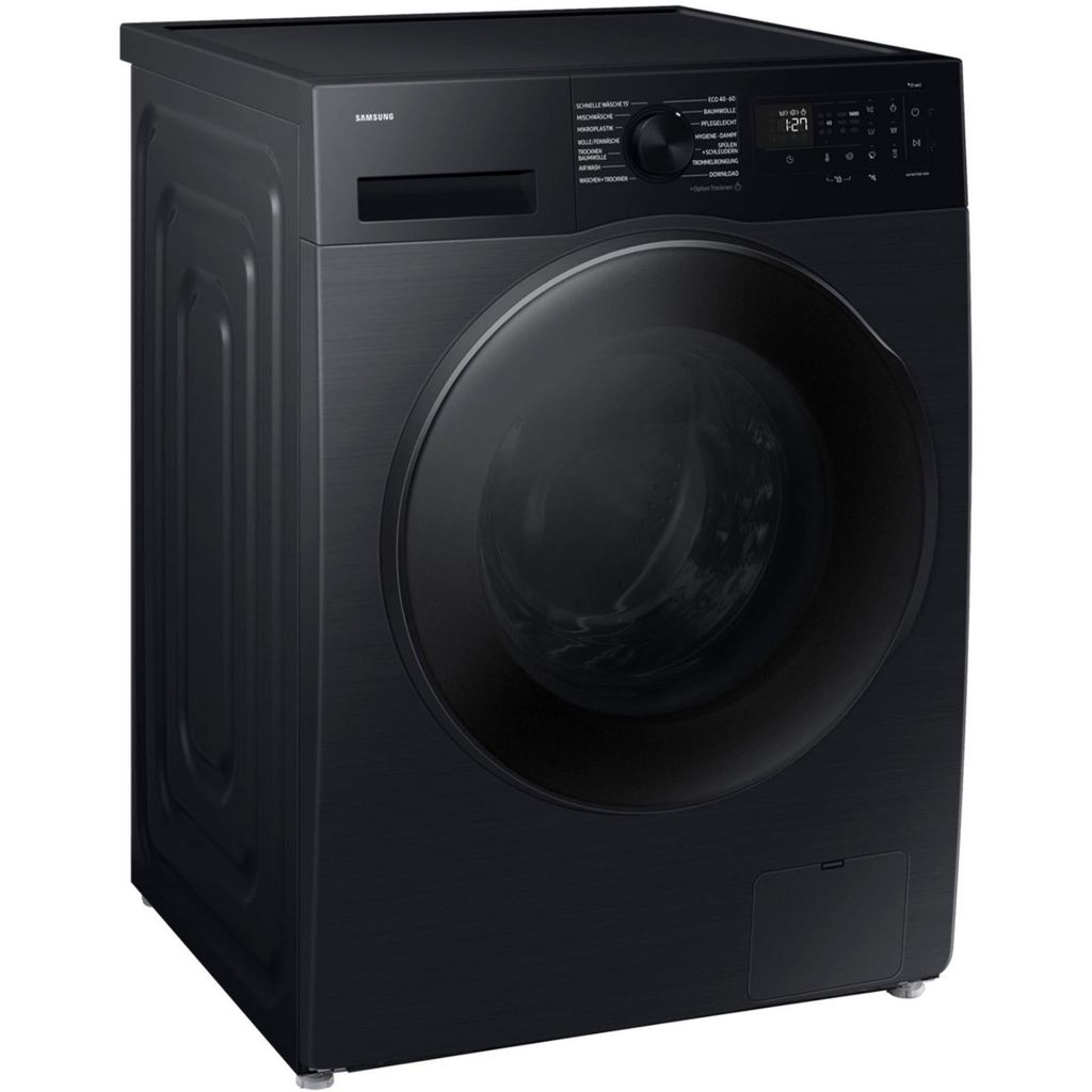 A black Samsung washing machine shown from a three-quarter angle against a white background.