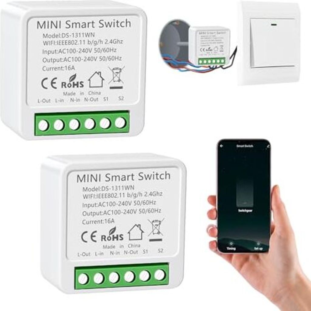 Pack 2 Alexa Light Switch, Smart -Home -Switch -Modul, Mini WLAN -kompatibler Alexa, Sprachkontrolle, Lebensdauer, Weg, neutraler Leiter erforderlich