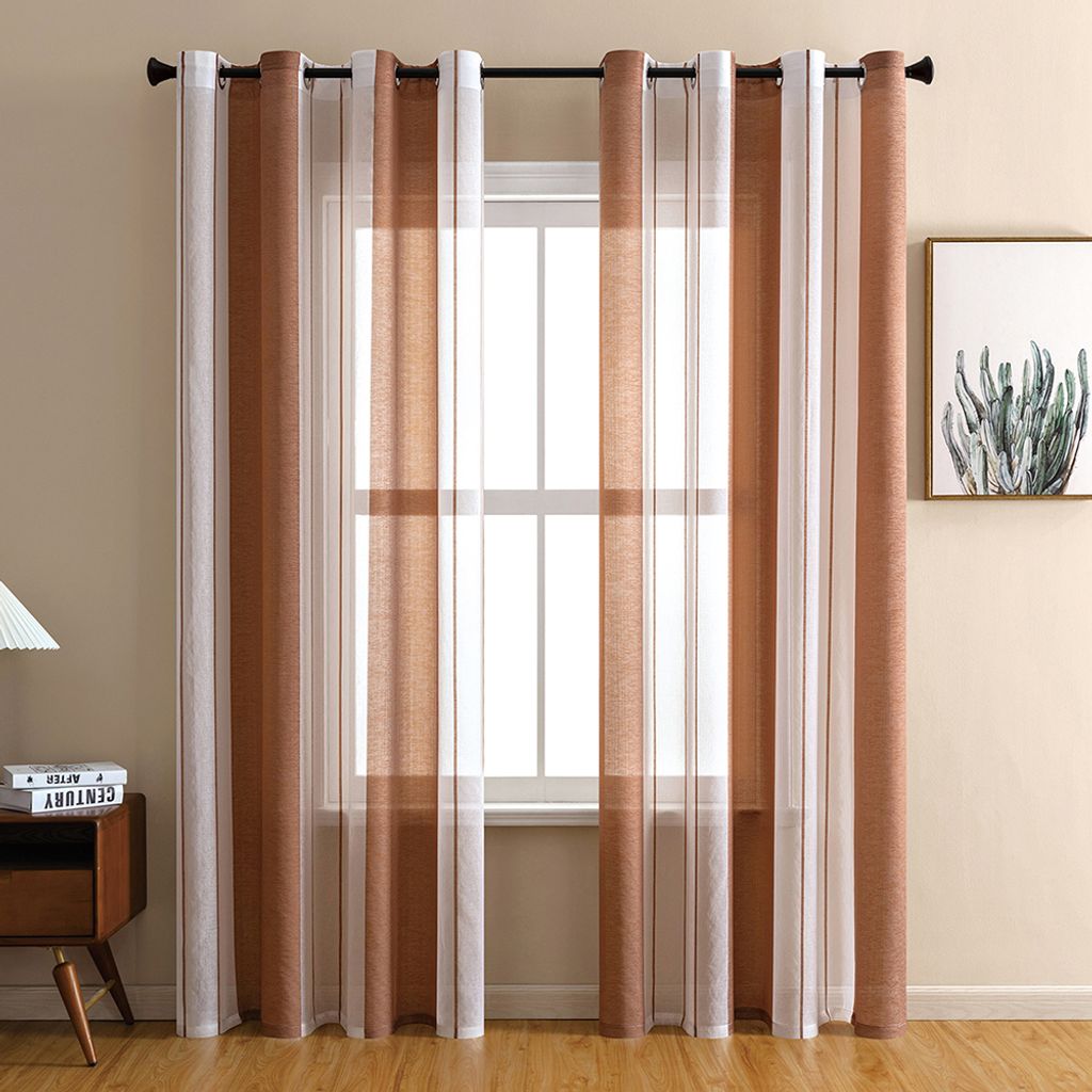 2er Set Gardinen Gestreift Transparent mit Ösen Fensterschal Voile Vorhänge Wohnzimmer Vorhang Halbtransparent Streifen Braun Weiss 140x145cm