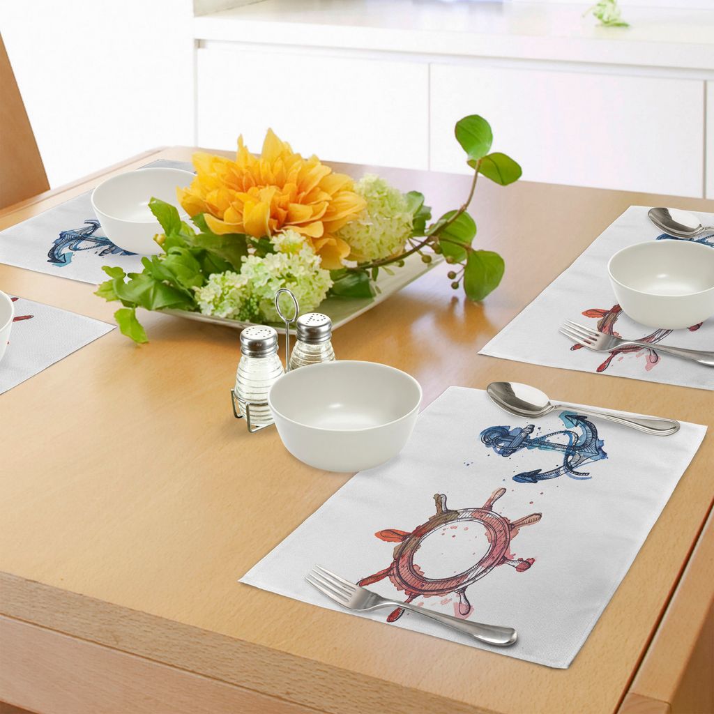 ABAKUHAUS Nautisch Platzmatten, Illustration eines Ankers und Lenkrad Watercolors spritzt Tinten-Bürsten-Effekte, Tiscjdeco aus Farbfesten Stoff f...