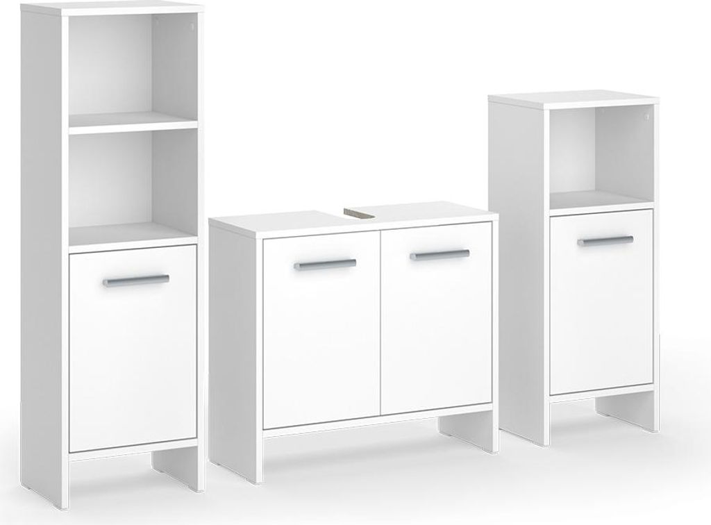 A set of three white bathroom cabinets against a white background.