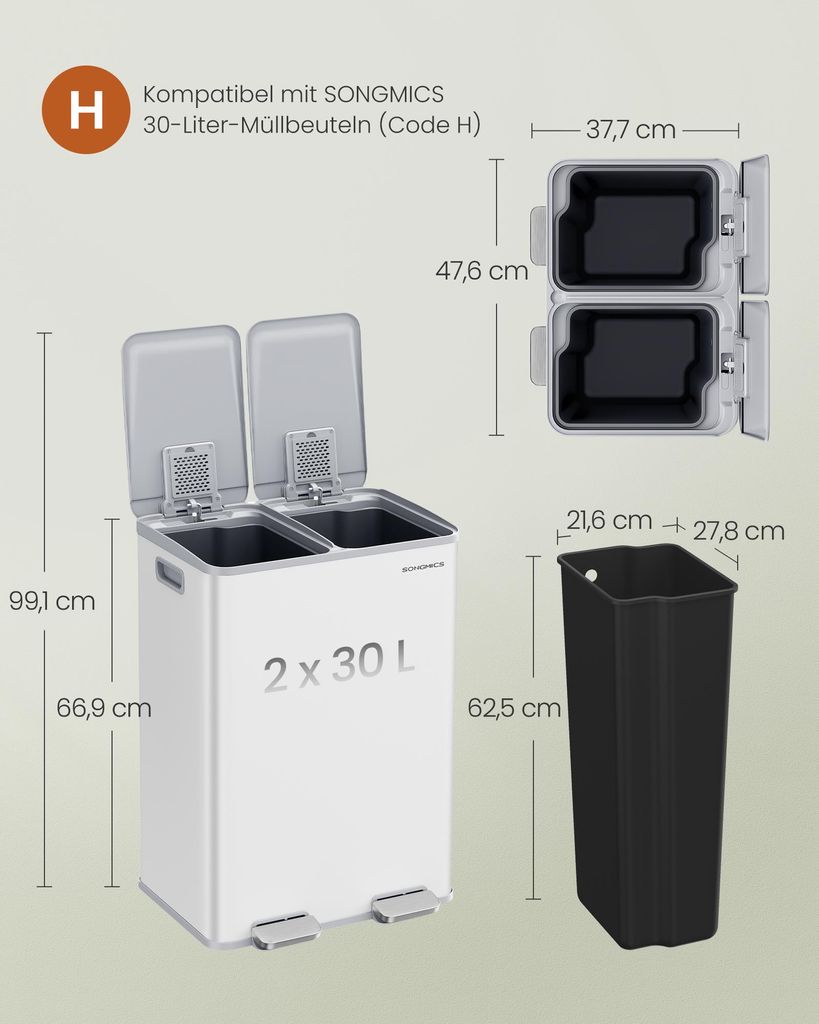 Mülleimer Küche, 2 x 30 Liter, 2 Fächer, Abfalleimer