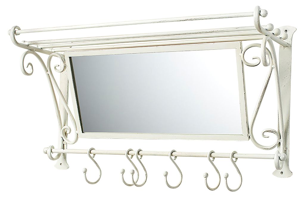 Lockardi Garderobe Antik-Weiß mit Spiegel und 6 Haken Metall | Garderobenmöbel Flur Ankleide Flurmöbel Wandgarderobe Wohnung Haus Ankleide Syste...