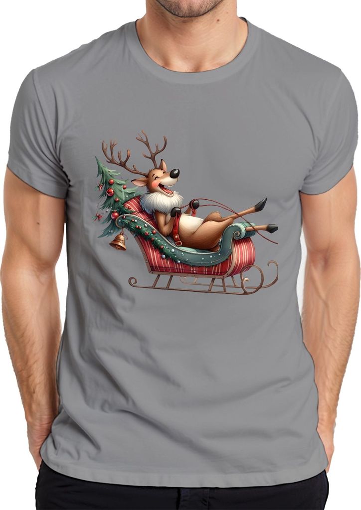 Faules Rentier im Schlitten Weihnachten lustig Geschenk Cartoon Herren T-Shirt, Grau, XL