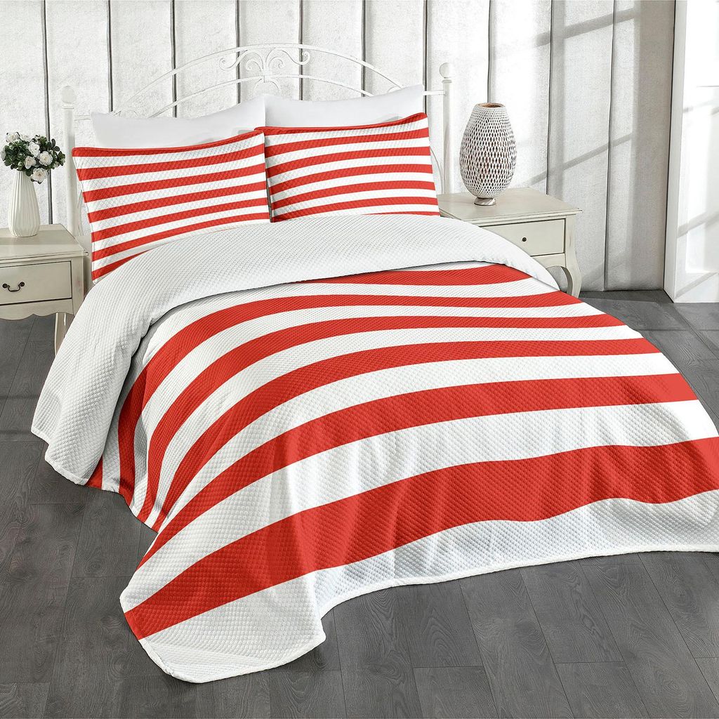 ABAKUHAUS Geometrisch Tagesdecke Set, Klassisches gestreiftes Muster-mutige Linien in der horizontalen Richtung altmodisch, 220 x 220 cm, Vermilion...