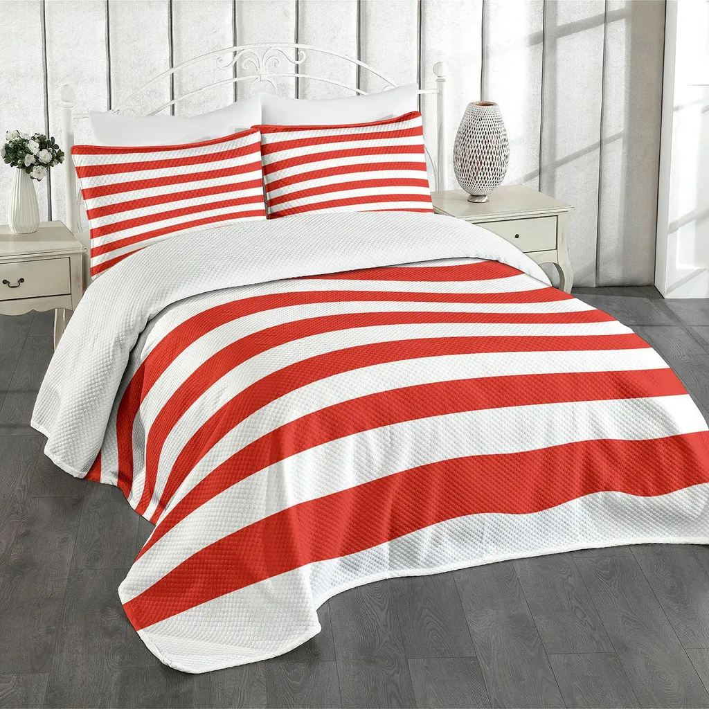 ABAKUHAUS Set copriletto geometrico, classico motivo a righe - linee audaci in direzione orizzontale, stile vintage, 220 x 220 cm, bianco vermiglio