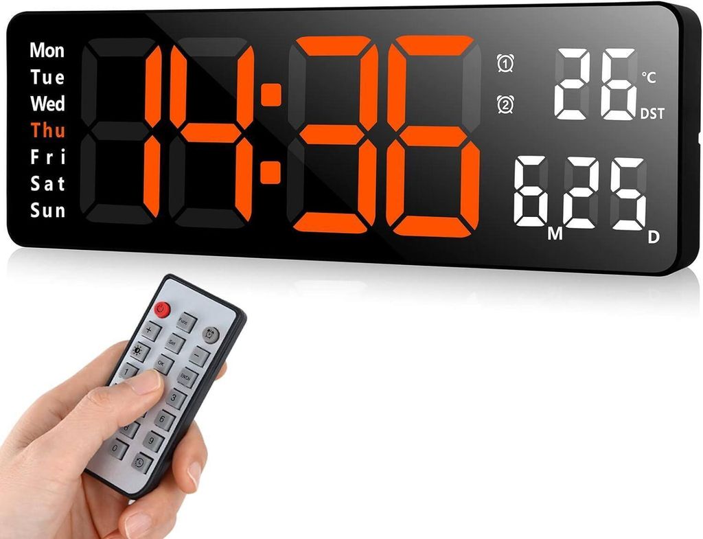 MODFU Digitale Wanduhr, USB-Wanduhr mit großem Display, LED-Digitaluhr mit Fernbedienung, Timer und Countdown, große Uhr mit Datum, Wochentag, Te...