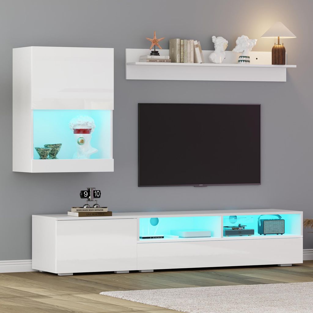 Moderne TV-Wohnwand-Set in Weiß Hochglanz mit LED – bestehend aus TV-Board, Standregal und Wandregal, für Fernseher bis 80 Zoll 175 x 39 x 34 cm