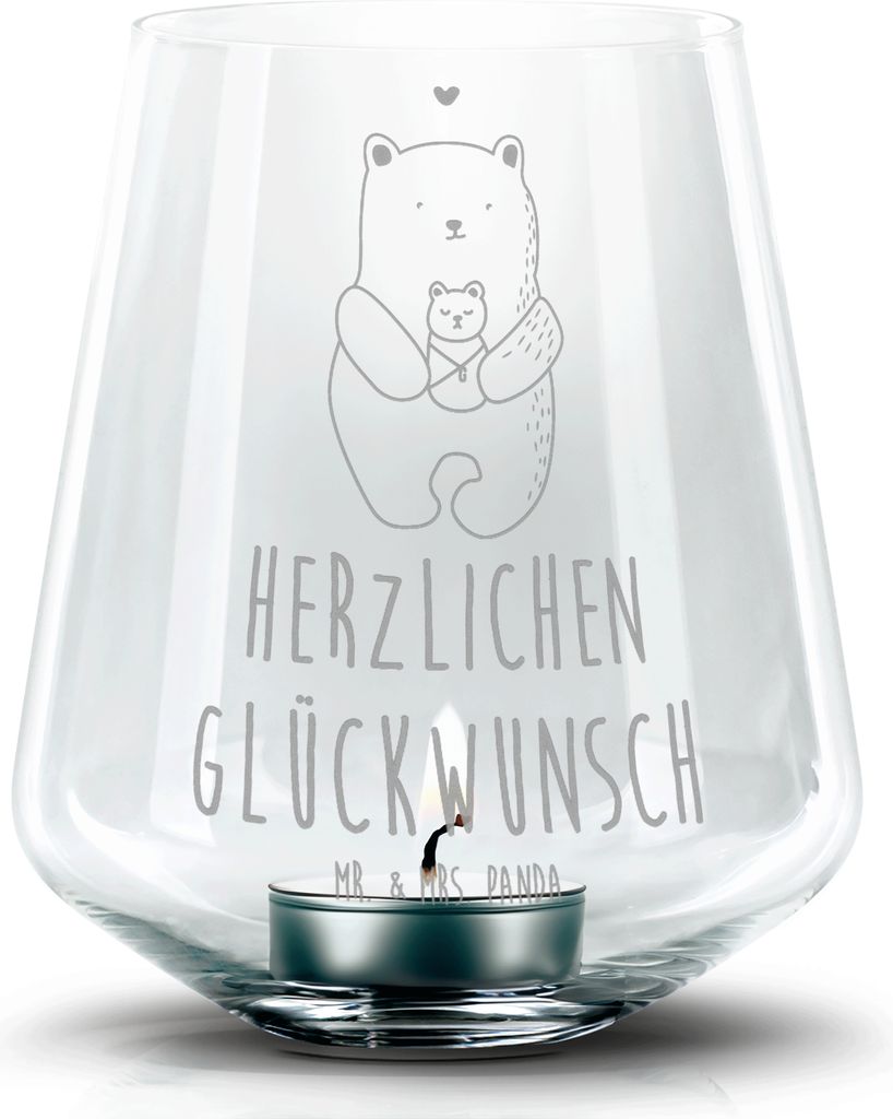 Mr. & Mrs. Panda Teelichthalter Bär Baby - Transparent - Geschenk, Eltern, Mutter, Teddy, Geburtstag, Glas, Windlicht, Deko, Laterne, Geburt, gravur