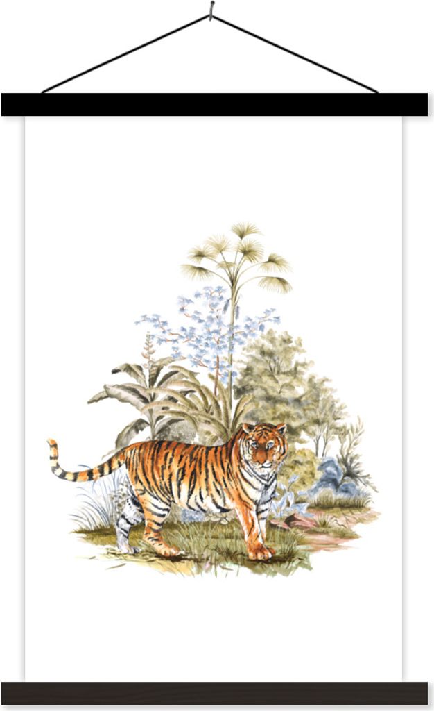 MuchoWow Textilposter Tiger - Pflanzen - Gras 60x90 cm mit schwarzem Rahmen - Poster Wohnzimmer