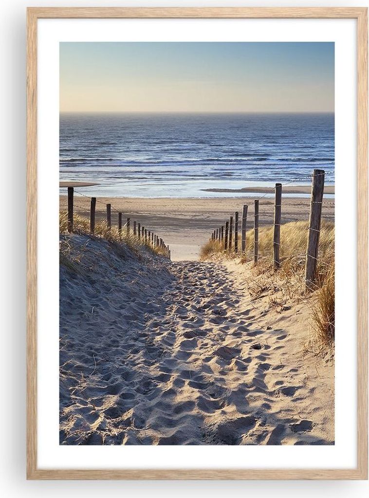 Gerahmtes Poster - Rahmen in heller Eiche - Meer Strand Düne - 50x70 cm - Wand Bild - Wanddeko - Wandbilder - Kunstposter - Wandposter - Bilderrah...