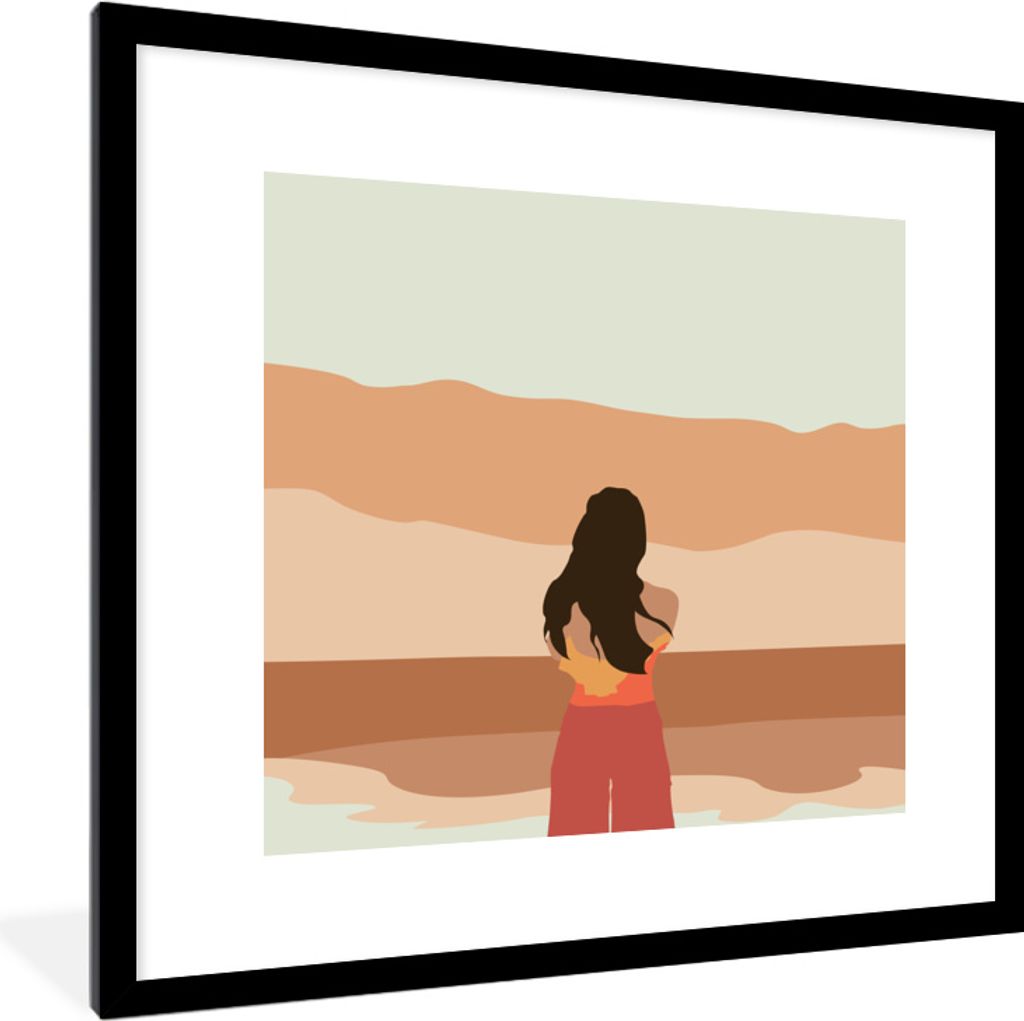 MuchoWow MuchoWow Gerahmtes Poster Frau - Strand - Zeichnung - Pastell 40x40 cm - Poster mit zchwarzem Bilderrahmen - Poster - Plakat im Rahmen