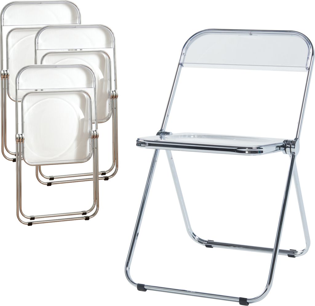 A set of four transparent folding chairs are stacked on the left, and a single transparent folding chair is shown open on the right.