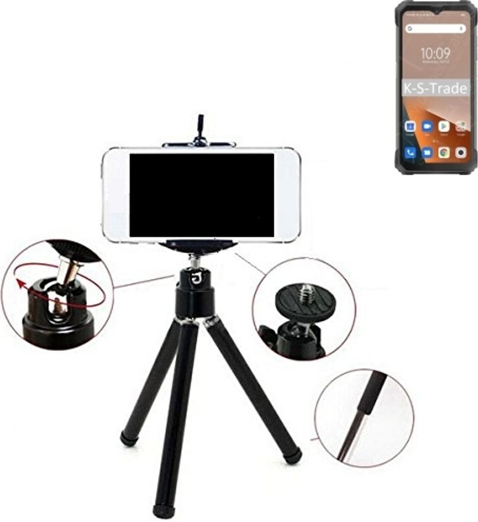 K-S-Trade Smartphone Stativ Dreibein kompatibel mit Blackview BL8800 Pro 5G Tripod aus Aluminium Klemmstativ Stativ Adapter für Mobiltelefone