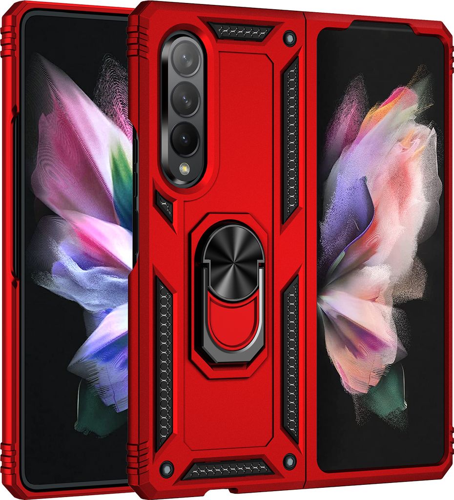 Samsung Galaxy Z Fold3 2021 Hülle, Dual Layer Militäre Fallschutz Schutzhülle mit Ringhalterung Ständer für Samsung Galaxy Z Fold 3 5G Rot