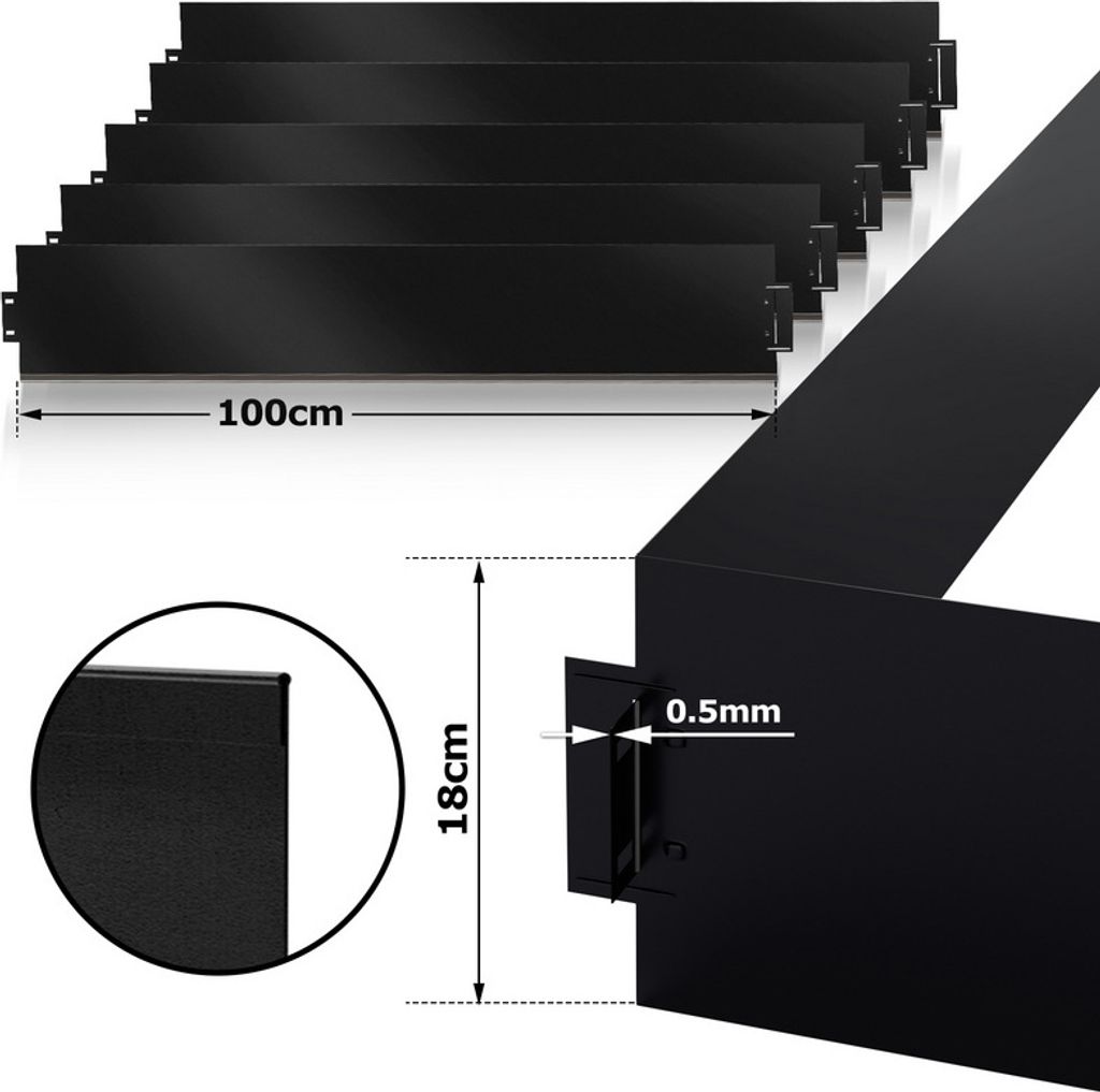 TolleTour Rasenkante Einfache Montage Profilkante Rasenborde Gartenpalisade Beetrand Schwarz 100x18cm 50m