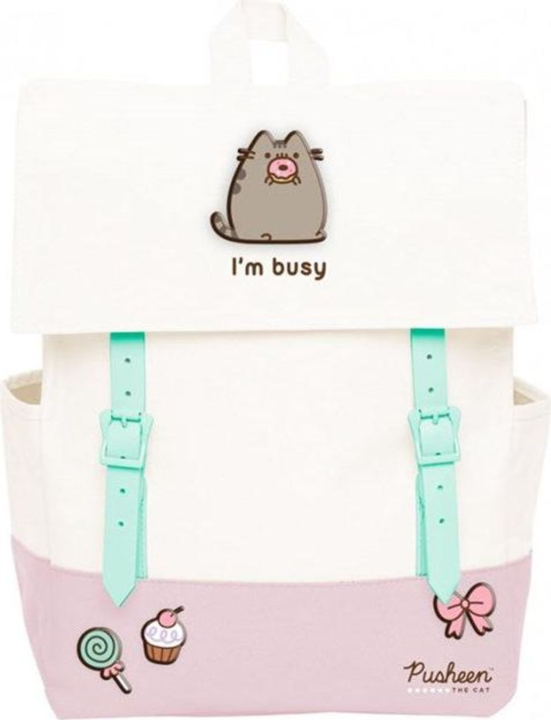 A Pusheen backpack with various cute designs.