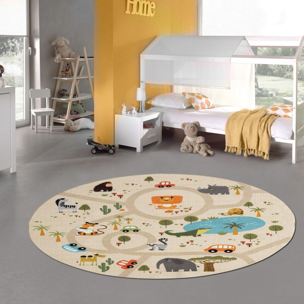 Kinderteppich Spielteppich Safari / Straßen rutschfest beige Größe - 160 cm Rund