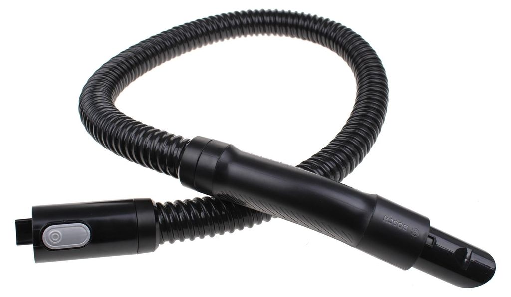 A black flexible hose attachment for a vacuum cleaner.
