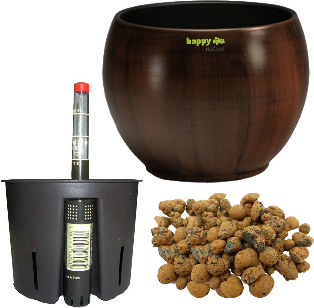 A set of items for planting, including a decorative pot, an inner pot with a water level indicator, and a pile of expanded clay.