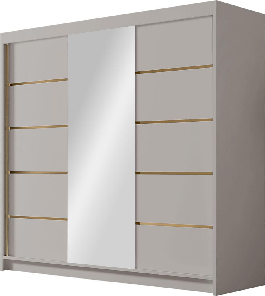 A modern wardrobe with sliding doors and a large mirror.