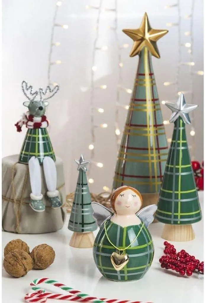 Décoration de table sapin en céramique vert tartan et socle en bois