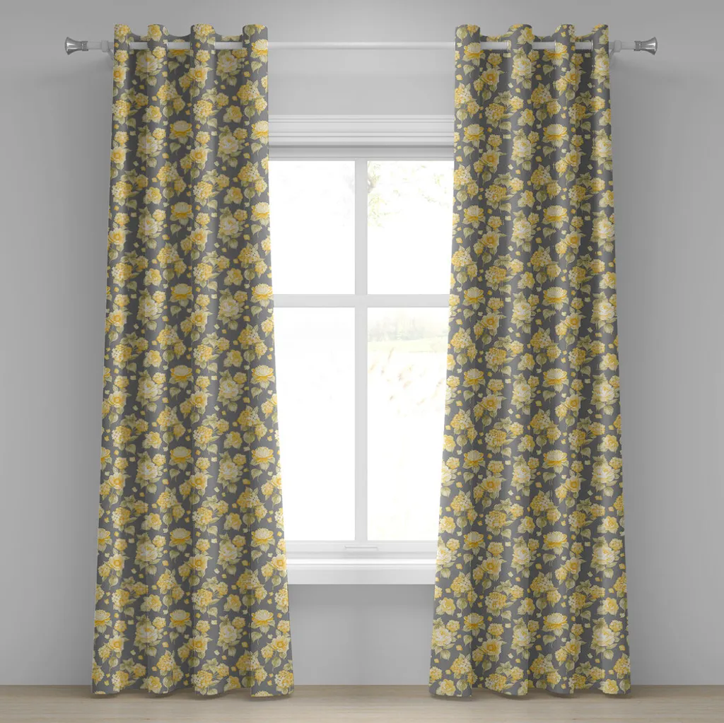 ABAKUHAUS Tenda con occhielli a fiori, ortensia ChrysanThema Ortensia Motivo Paesaggio Illustrazione in stile antico, Tende decorative a 2 pannelli, 280 cm x 245 cm, Giallo Grigio Verde