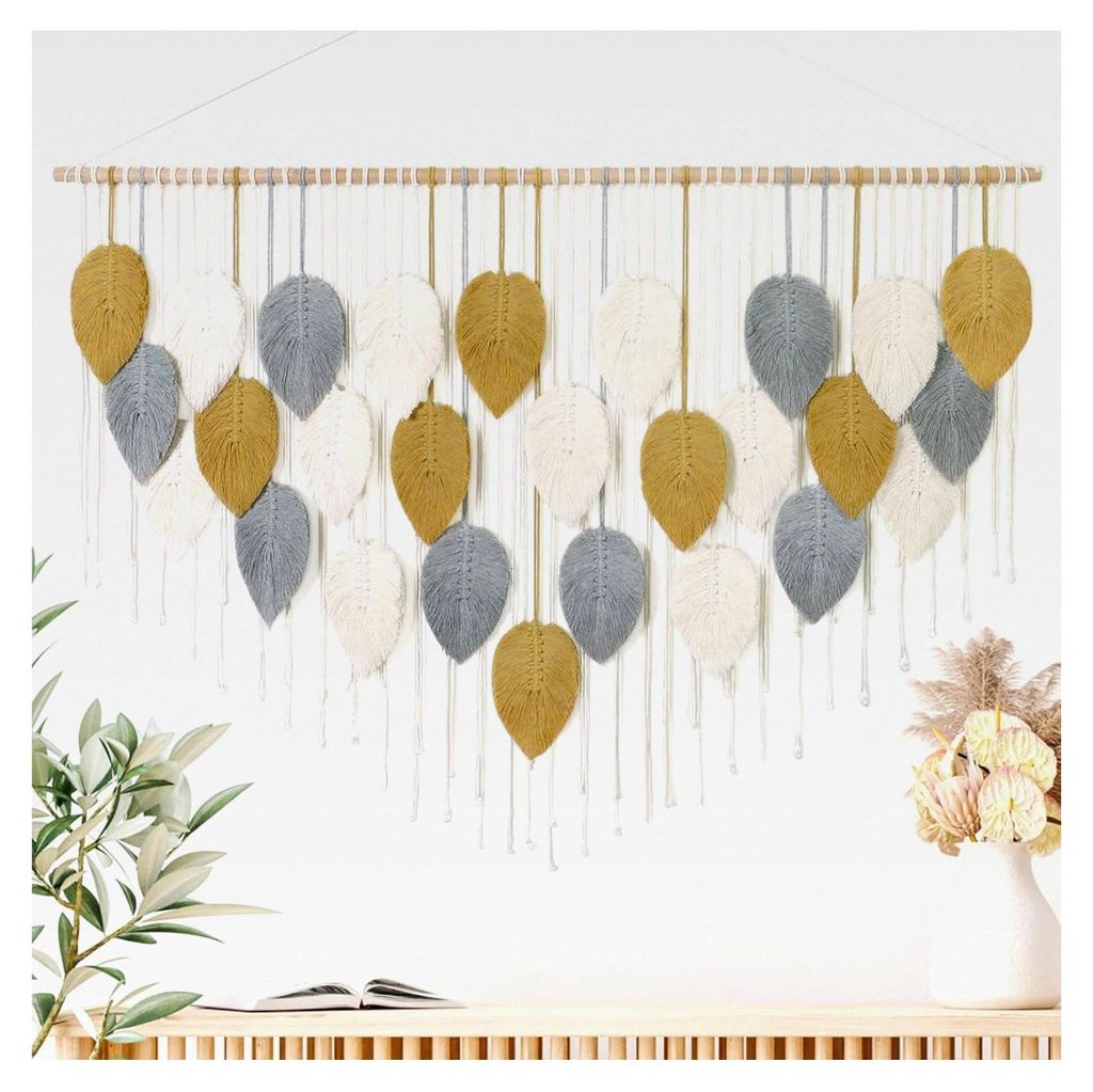 Makramee Wandbehang Großes Wandtuch Gewebter Wandbehang Boho Makramee Blatt Wanddekoration Feder Chic Gewebte Kunst für Schlafzimmer und Wohnzimm...