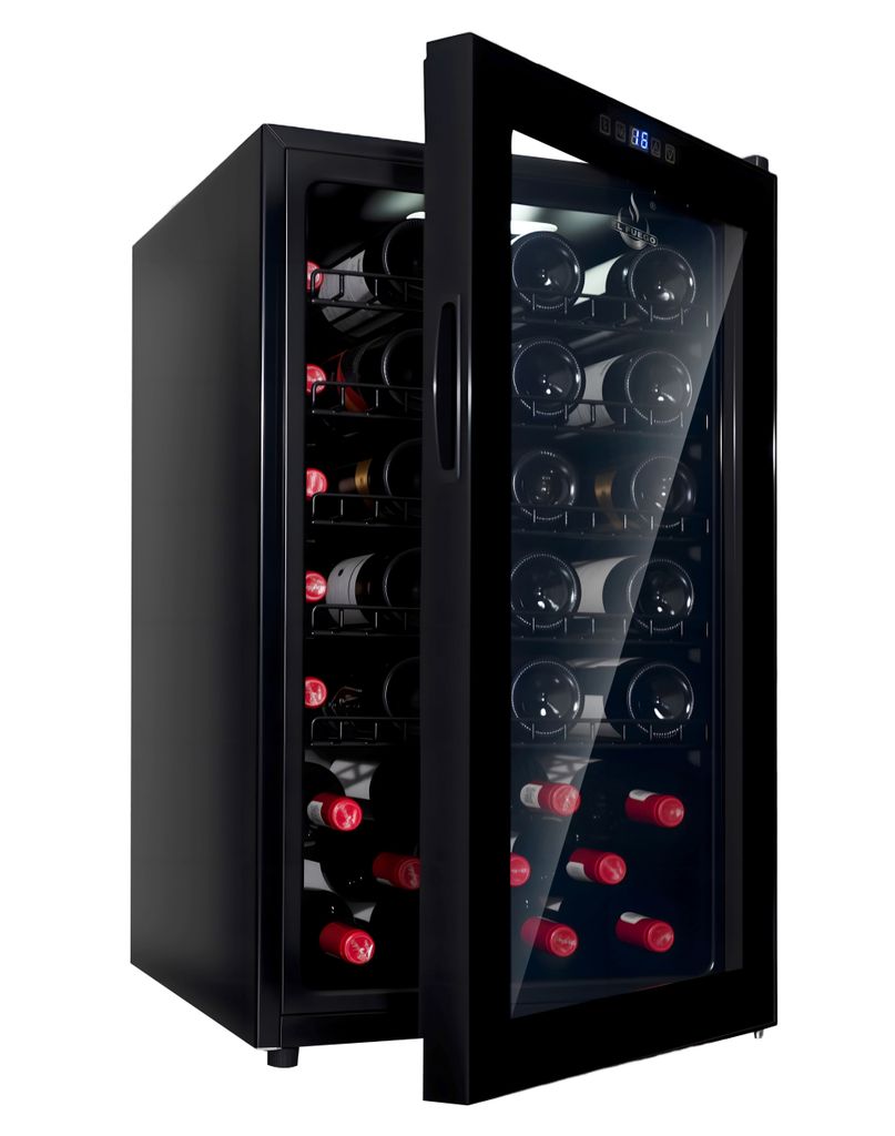 A wine cooler with the door open.