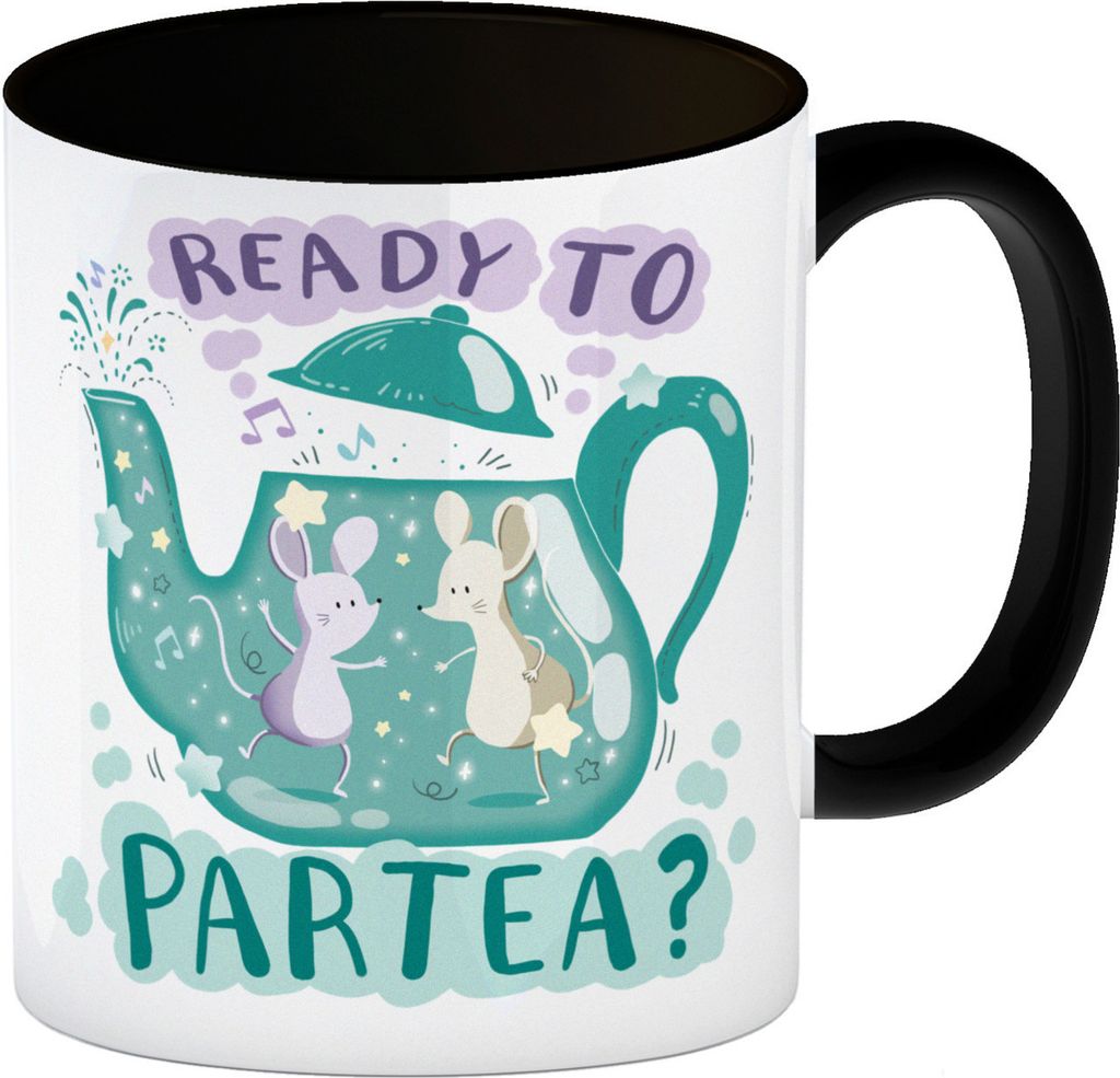 Mäuse in Teekanne Kaffeebecher in schwarz mit Spruch Ready to Partea