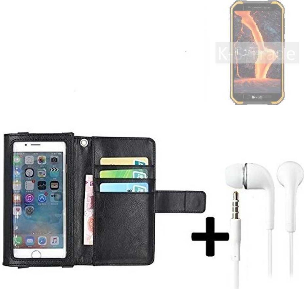 K-S-Trade Handyhülle + Kopfhörer kompatibel mit Ulefone Armor X6 Pro Schutzhülle Case mit Displayschutz / Schutzfolie schwarz + Kopfhörer Flip