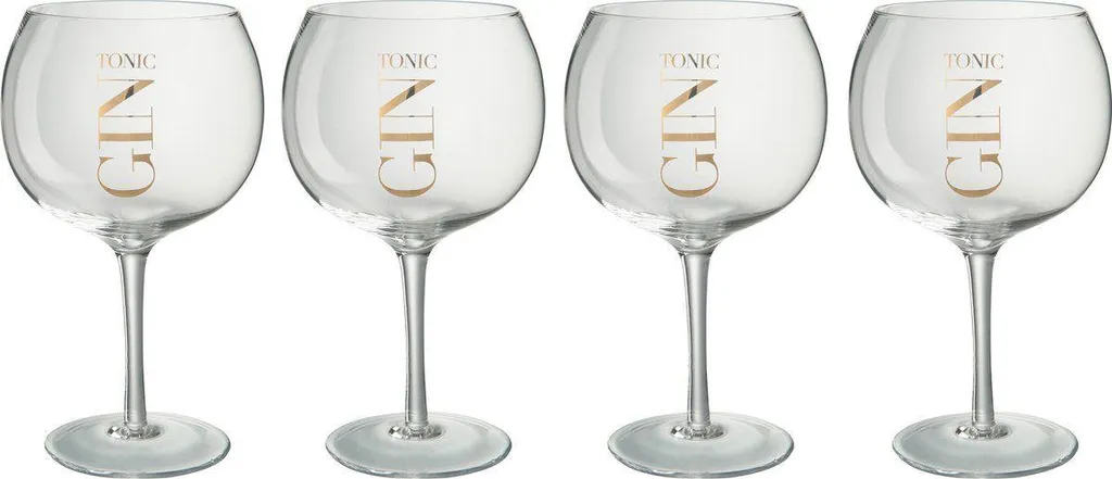 Verre High Gin J-Line Transparent et Doré - Coffret Cadeau de 4 Pièces