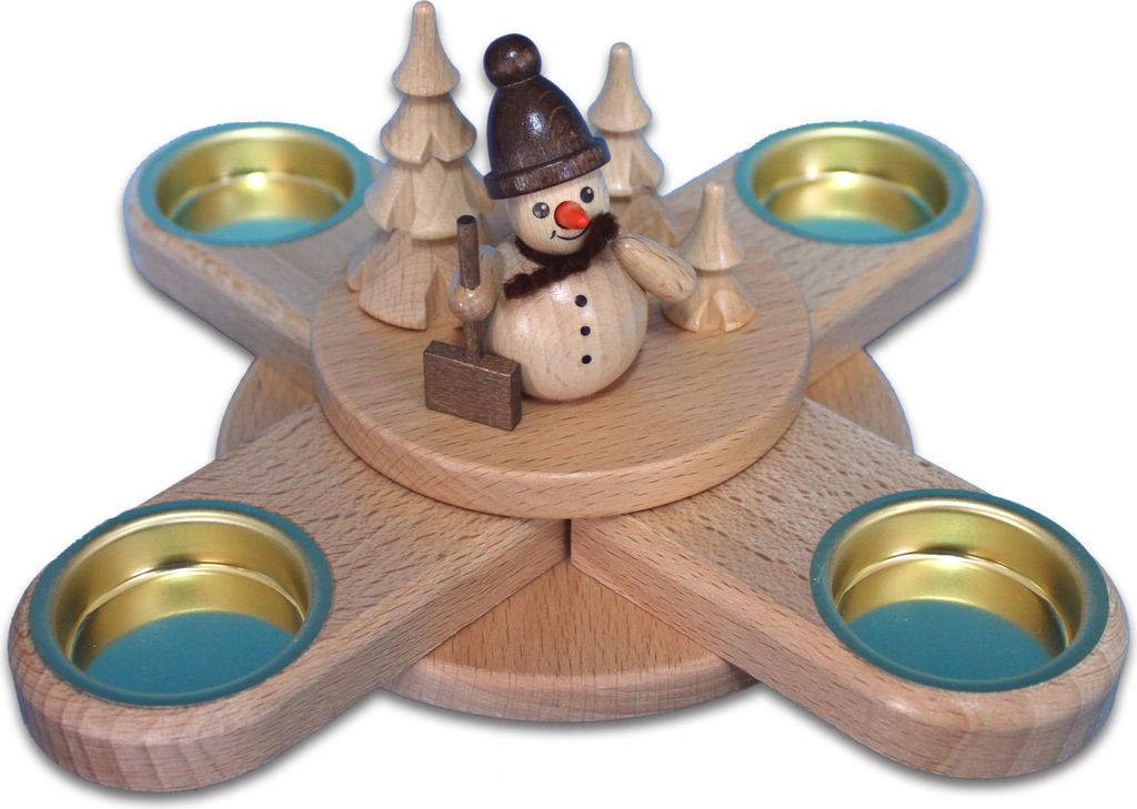 Holzwaren Egermann Kreuzleuchter - Schneemann mit Schneeschieber - 23cm - für 4 Teelichter - aus dem Erzgebirge