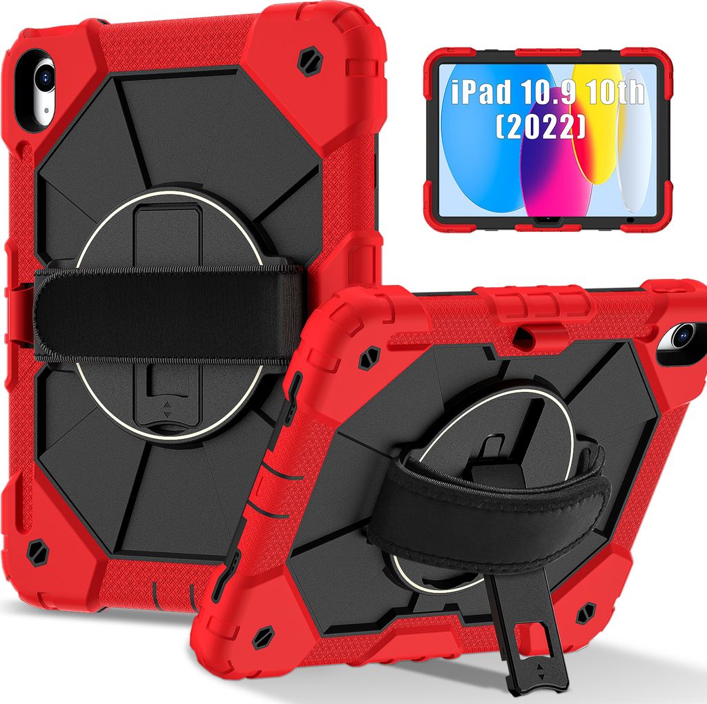 Hülle für iPad 10th Gen 2022 10,9 Zoll Tablette Schutzhülle Stoßfeste mit 360 Drehbarer Handschlaufe/Ständer Rot Schwarz
