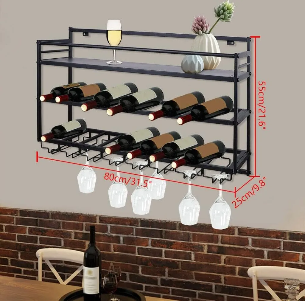 Porte-bouteille mural design 3 niveaux en fer forgé avec rail de verres