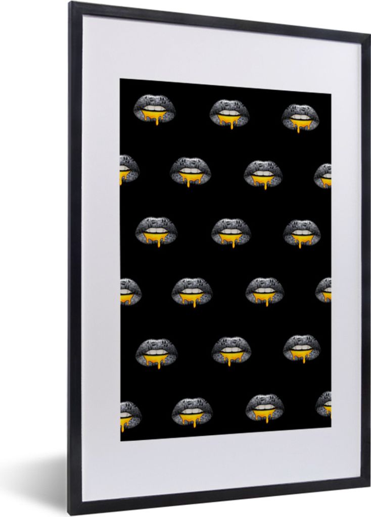 MuchoWow MuchoWow Gerahmtes Poster Lippen - Gold - Muster 40x60 cm - Poster mit zchwarzem Bilderrahmen - Poster in Rahmen
