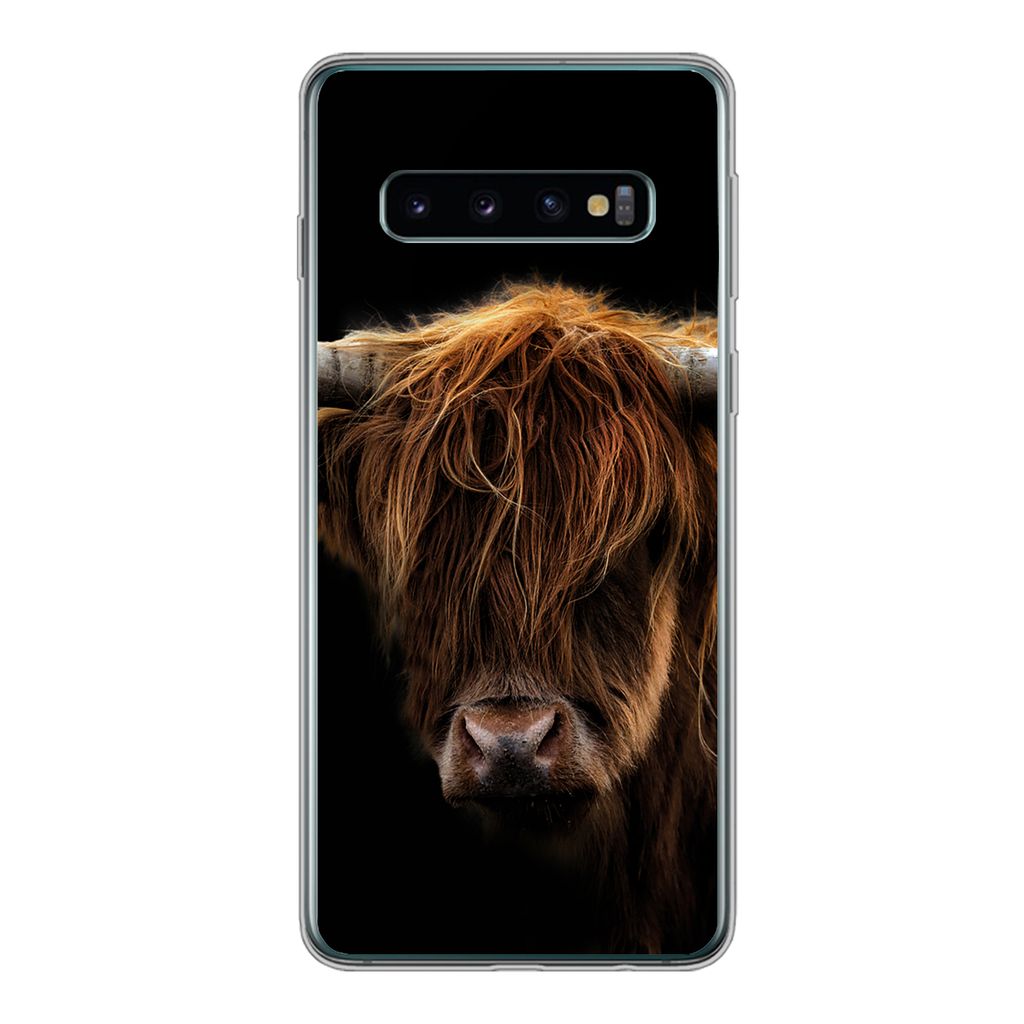 MuchoWow Handyhülle Schutzhülle Hülle für Samsung Galaxy S10 Schottischer Highlander - Hörner - Schwarz - Tiere - Natur - Wild - Kuh Silikon...