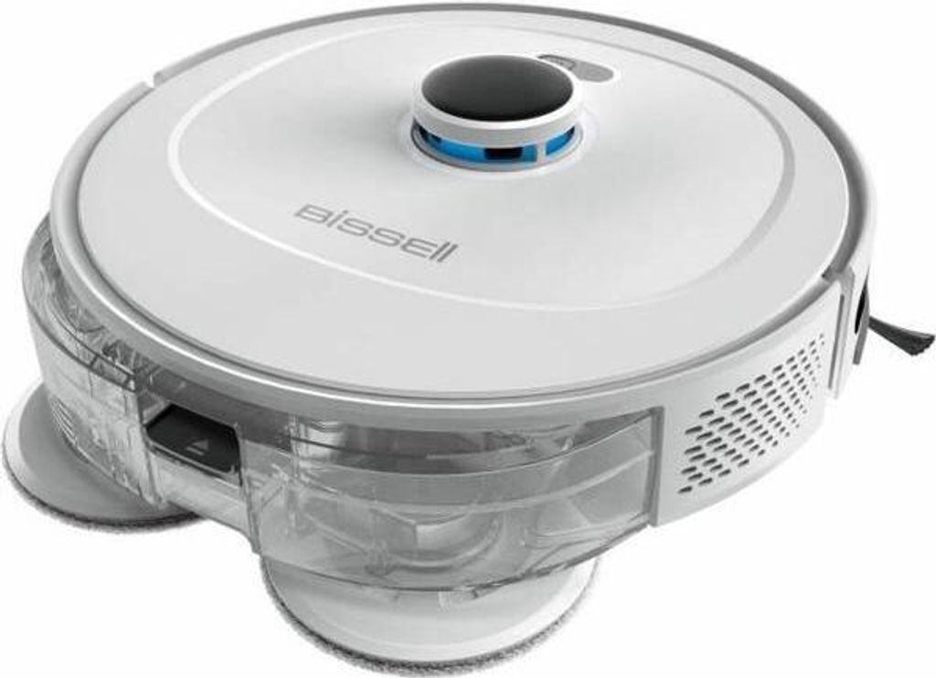 A white robotic vacuum cleaner with a transparent water tank.