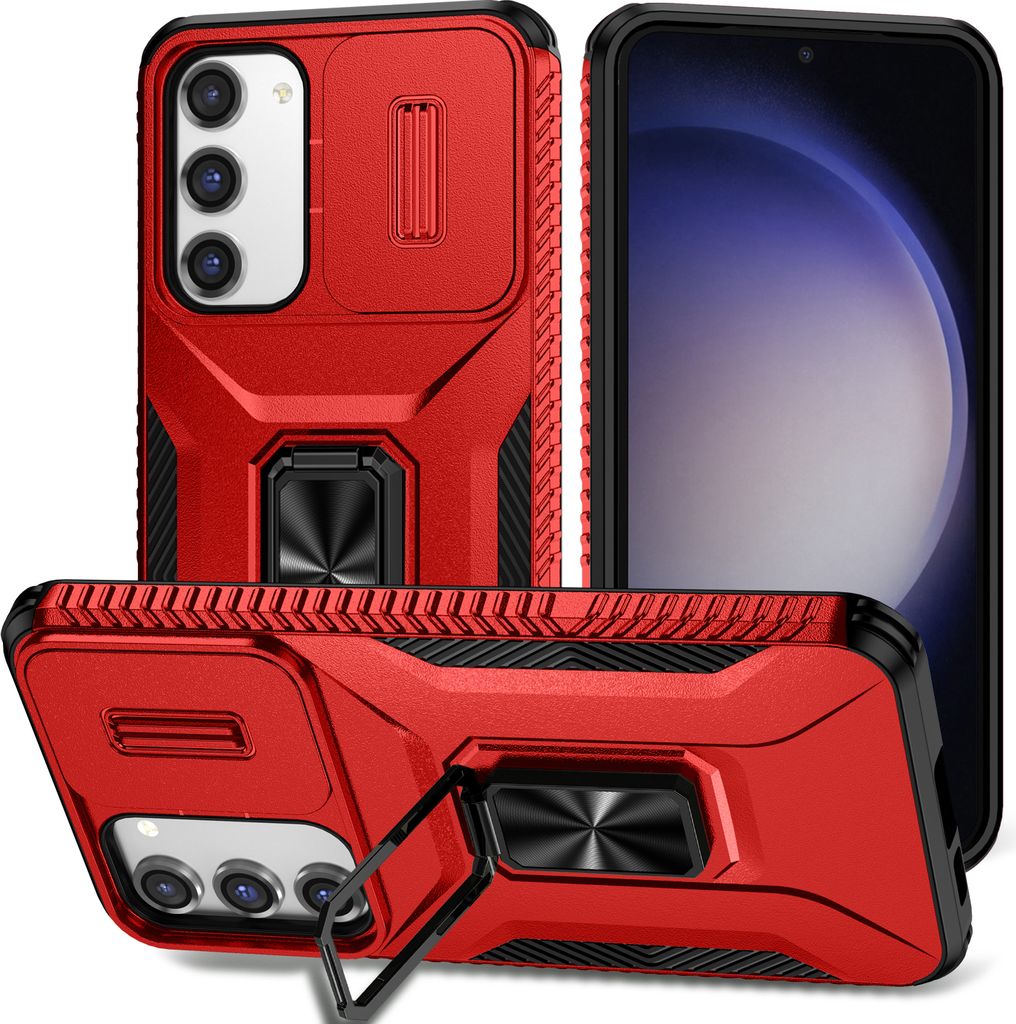 Handyhülle für Samsung Galaxy S23+ Dual Layer Hülle mit Schiebe Kamera Schutz und Ringhalter Ständer Rot